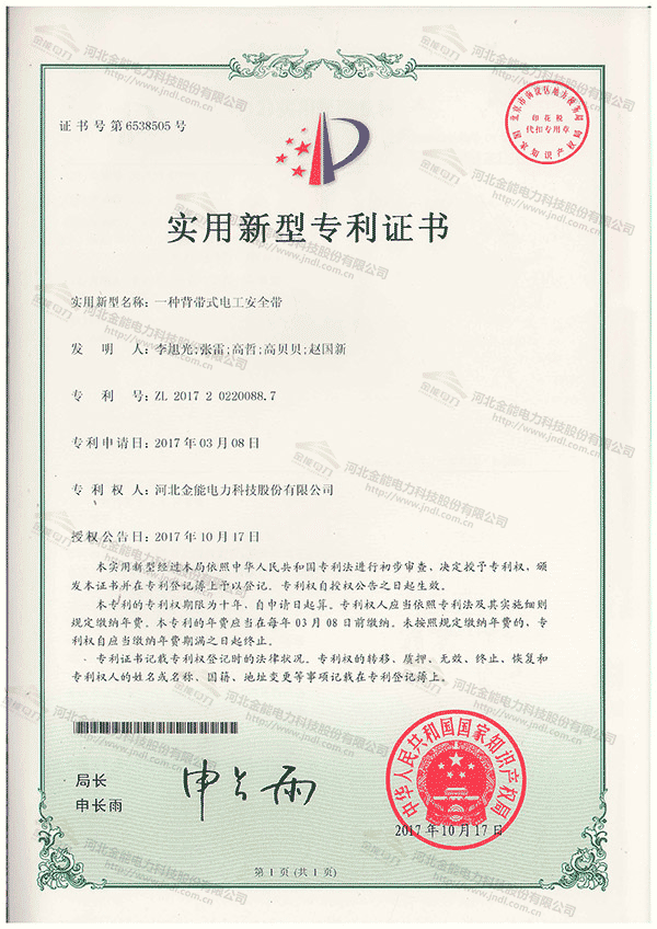 專利證書(shū)---一種背帶式電工安全帶